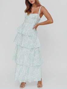 Women Boho Floral Maxi Dress Y2k Spaghetti Strap Square Neck Backless Ruffle Flowy Long Dresses Tiered Sleeveless Tie Up Dress Summer Wedding Guest Sundress Going Out Beachwear - 綠松石色 - 查看 2