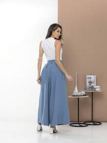 WOMEN'S PANTS, WIDE LEG, HIGH WAIST, PANTALONA - Dusty Blue - View 2