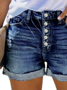 STLY New Plus Size Women Vintage Distressed Frayed Hem Raw Edge Front Button Fly Classic Blue Denim Shorts - Medium Wash - View 5