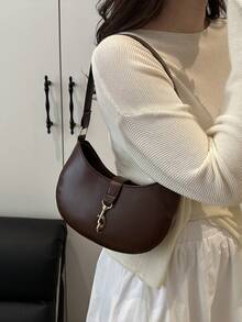 1pc Zipper Closure Solid PU Crescent Shaped Shoulder Bag, Vintage Style Suitable For Office Lady And Daily Work - Coffee - View 4