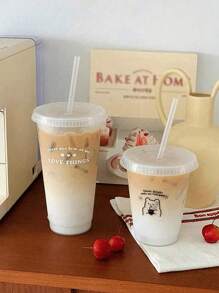 1 pièce Tasse à pailles en plastique avec lettres anglaises et ours, tasse d'eau en forme de cœur pour fille, tasse de café portable, tasse à jus