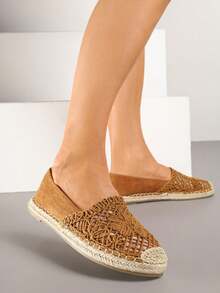 Espadrilles With Openwork Decoration And Braided Sole - Camel - View 1