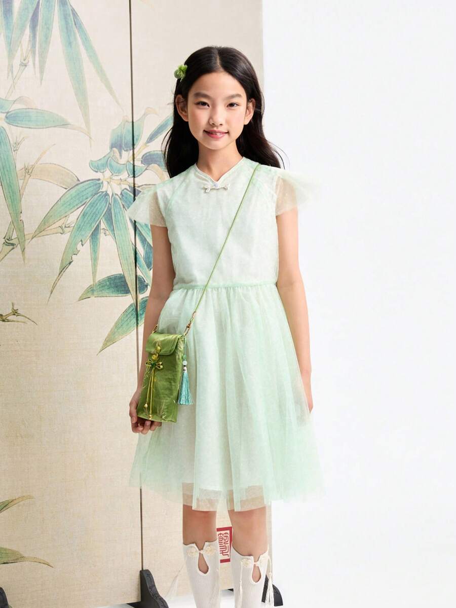 Annil Children's Clothing, Girls, Middle-Aged Children, Short-Sleeved Dress, Chinese-Style Net Gauze Dress, Summer - Green - View 1