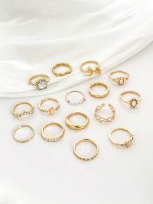 15pcs/Set European And American INS Style Imitation Gem Rings, Faux Pearl Flower Geometric Crystal Bowknot Ring Set - Gold - View 3