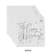 20pcs White Background Silver Foil Cocktail Napkins, Happy Birthday Decor, Folded Disposable Party Napkins, 2-Ply Paper Napkins, Suitable For Banquet, Party, Dinner