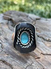 1 Unique Turquoise Ring With Retro Style Gold Metal Women's Ring, Suitable For Daily Matching Of Party Themed Activities