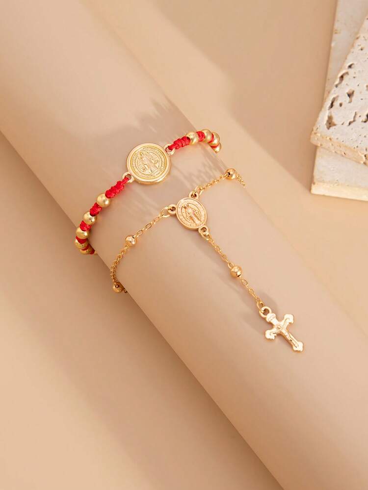 2pcs/Set Retro Portrait & Cross Pendant Red & Black String Beaded Bracelet Sets, For Women - Portrait Of a Cross - View 2