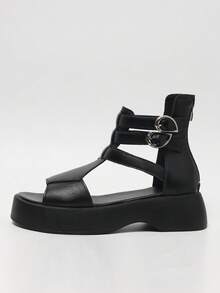 女士踝带罗马凉鞋，厚软底侧拉链徒步鞋，舒适高帮度假靴 - 黑色 - 查看 3