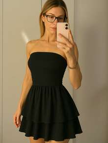 Women's Elegant Strapless Pleated Mini Dress, Black Tube Top Ruffle Hem Elastic Waist Double Layer Flounce Design, Lightweight Summer Dress - Black - View 3