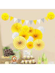 1/10/14pcs Wedding Party Decor Paper Flower Ball, Paper Flower Fan, Pull Flag Set, Birthday Party Backdrop Decoration Pom Poms, Suitable For Holiday Decor, Summer Props, Anniversary, Wedding Valentine's Day Yard Decor - Yellow Paper Flower Ball Set - View 2