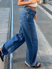 MYOURSA 女士低腰直筒水洗牛仔裤，宽松版型，休闲日常穿着，深蓝色 - 深色水洗藍 - 查看 2