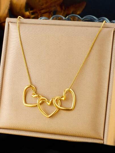 1pc Stainless Steel Minimalist 3 Hollow Heart Pendant Necklace For Women, Suitable For Daily Wear