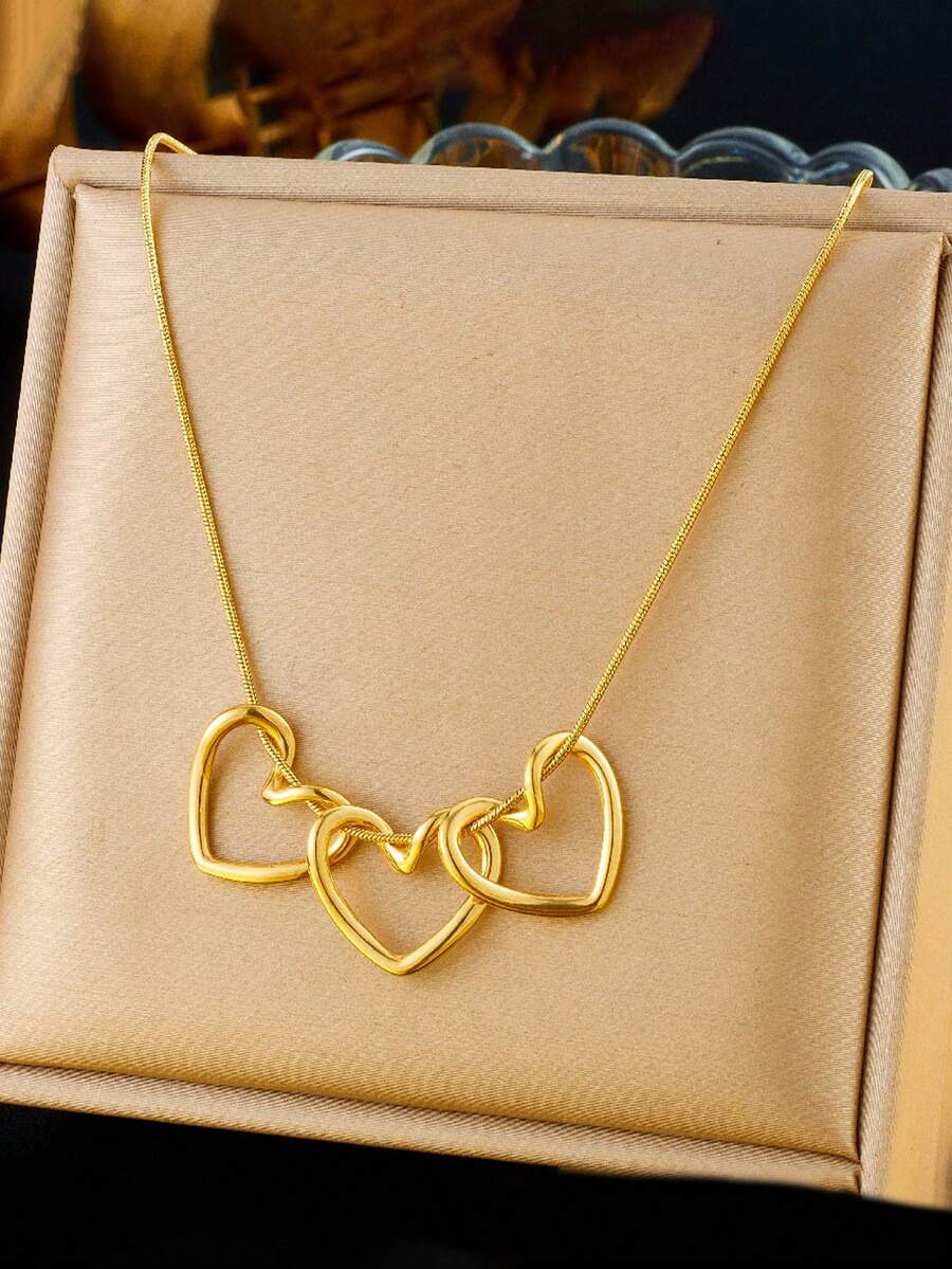 1 chiếc vòng cổ mặt trái tim rỗng 3 mặt bằng thép không gỉ tối giản dành cho nữ, thích hợp đeo hàng ngày - Vàng - Xem 1