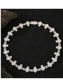 1pc Platinum Plated Religious Hip Hop Iced Out Rapper High Quality Luxury Punk Full Cross Prayer Miami Cuban Chain 20 Inch Gemstone Diamond AAAAA Zirconia Necklace 8 Inch Men Bracelet Jewelry Sets European And American Popular Gorgeous Men Gift - Silver - View 8