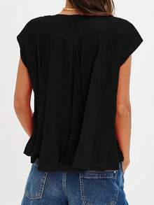 Women Summer Boho Tie Front Lace Trim Tank Tops Y2k Flowy Frilly Chiffon Vest Beach Button Ruffle Eyelet Tank Tops - 黑色 - 查看 3