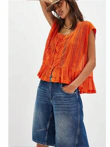 Women Summer Boho Tie Front Lace Trim Tank Tops Y2k Flowy Frilly Chiffon Vest Beach Button Ruffle Eyelet Tank Tops - trái cam - Xem 2