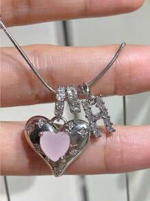 1pc Minimalist Cubic Zirconia Heart Gemstone Initial Letter DIY Necklace, Customized Simple Letter Name Necklace, Stainless Steel Initial Pendant Necklace, Fashionable Gift For Girlfriend, Mom, Family, Friend, Daughter, Anniversary, Valentine's Day, Mother's Day, Birthday, Graduation, Everyday Wear, Wedding, Prom