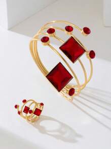 1 Conjunto de Joias de Pulseira e Anel Cristais Incrustados Linear Minimalista Multicamadas, Presente Ideal para o Dia dos Namorados para Mulheres