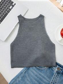 Grey Sexy Halter Camisole For Women, Summer Cropped Tight Fitted Pure Knit Top