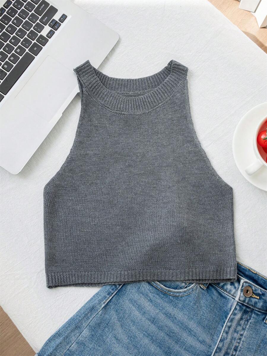Grey Sexy Halter Camisole For Women, Summer Cropped Tight Fitted Pure Knit Top