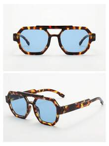 1pc Unisex Square Frame PC Material Glasses, Minimalist Stylish High-End Fashion, Suitable For Travel, Leisure, Party, Beach, Daily Wear - Tortoise Shell Frame Blue Piece - View 4
