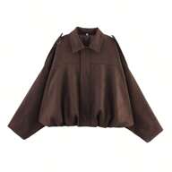 Women Casual Street Fashion Turndown Collar Jacket Vintage Long Sleeve Zipper Loose Coat
