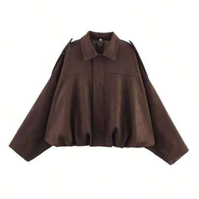 Women Casual Street Fashion Turndown Collar Jacket Vintage Long Sleeve Zipper Loose Coat