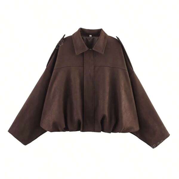 Vrouwen casual straatmode omslagkraag jas vintage lange mouw rits losse jas