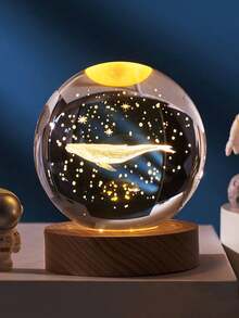 1pc USB Power 3D Crystal Ball Led Night Light With Wooden Base,Home Decor And Room Decor Night Light,Solar System, Moon, Milky Way, Saturn Pattern Night Lamp,Indoor Desktop Decor Light,Birthday Gift For Friends,Bedroom Decor Night Light - Yellow - View 11