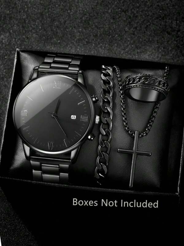Fashionable 4pcs Men's Quartz Watch Set With Calendar Function Zinc Alloy Case & Bracelet, Round Dial, Electronic Drive & Pointer Display, Including Pendant Necklace Bracelet& Ring Ideal Birthday Suitable For Daily Wear, Back-To-School Season, Graduation Season, Thanksgiving, Couples, The Best Gifts Watch Box Not Included