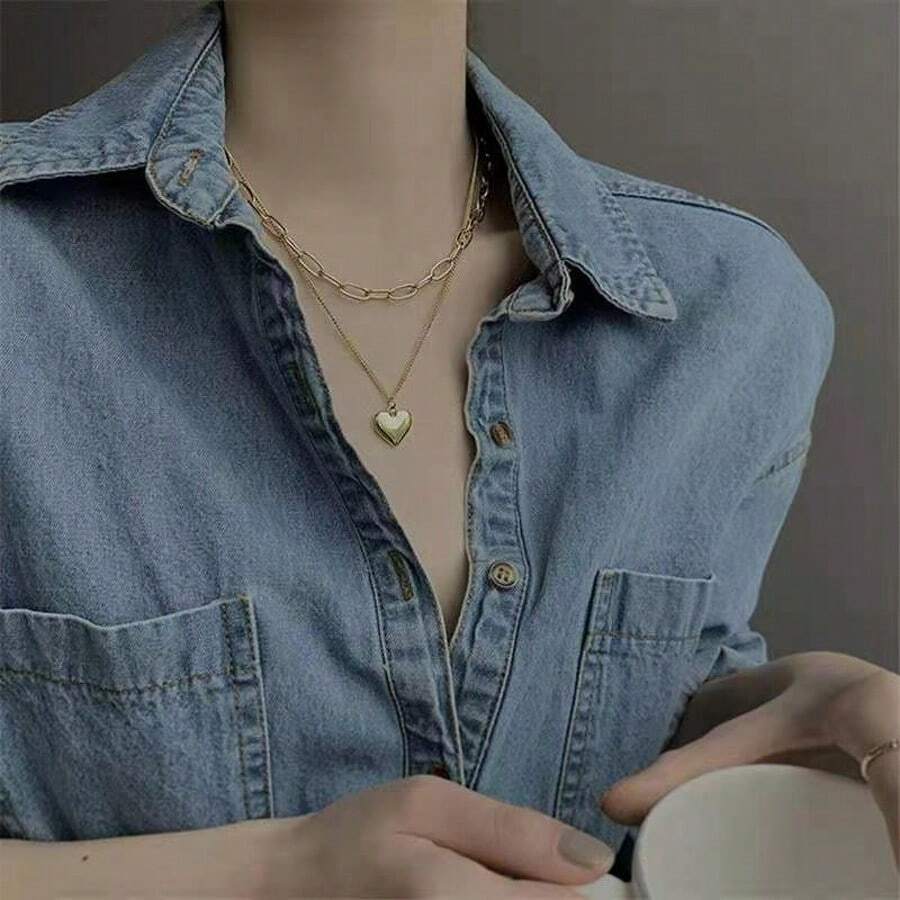 1pc Gold Heart Pendant Necklace With Double Chain - Yellow Gold - View 1