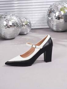 2025 New Black & White Color-Block Chunky Heel Pointed Toe Fashion Versatile Elegant Pumps