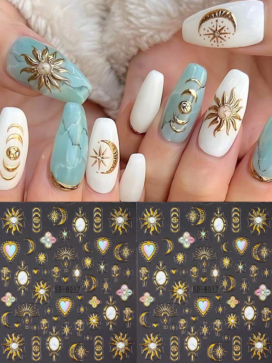 2片浮雕日月星花美甲贴纸，波西米亚哥特风设计，圣心星座美甲饰品，美甲贴片装饰，美甲用品 - 彩色 - 查看 1