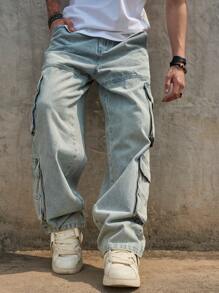 Jeans cargo para hombres con múltiples bolsillos y efecto desgastado, pantalones rectos informales
