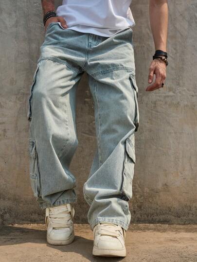 Men's Distressed Washed Multiple Pockets Cargo Jeans, Casual Straight Leg Pants