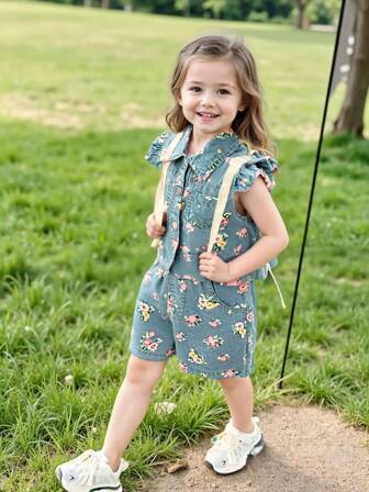 2pcs/Set Young Girl Random Print Short Sleeve Top And Pants Outfit, Summer