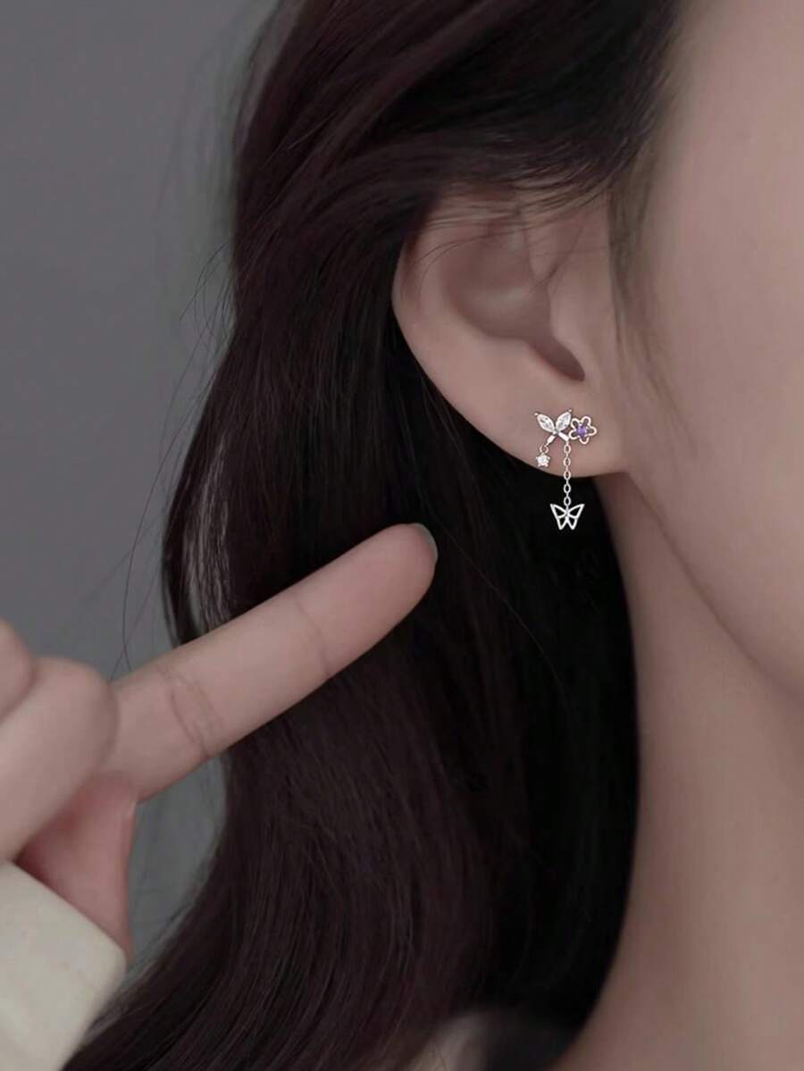 1 Pair Of Star & Butterfly Tassel Earrings For Women, Fashionable, Luxurious, Elegant, Sweet Style Unique Niche Design Earrings Suitable For Daily Wear, Events And Parties - Silver - View 1