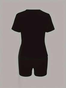 女士蝴蝶和向日葵印花圆领短袖T恤和短裤套装