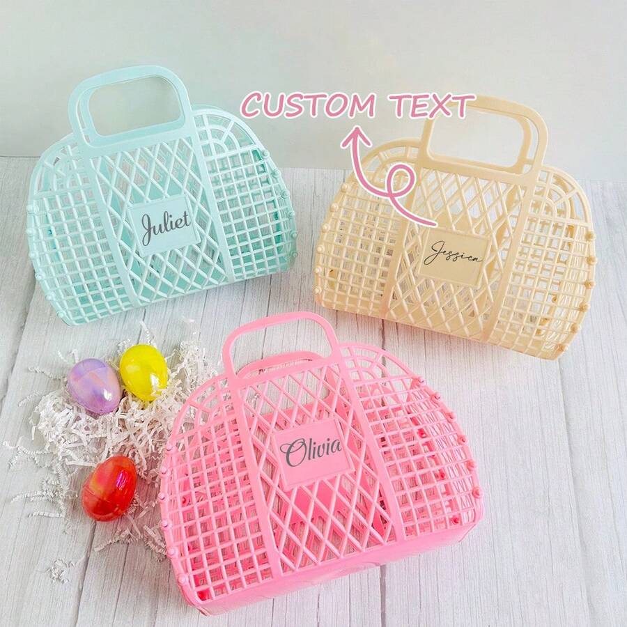Customized Name Jelly Storage Basket - Pastel Color Plastic Handheld Storage Box, Suitable For Bathroom, Travel, Shower | Personalized Gift, Flower Girl Tote Bag, Fashionable Home Decor, Floral Pattern, Unique Autumn - Multicolor - View 1