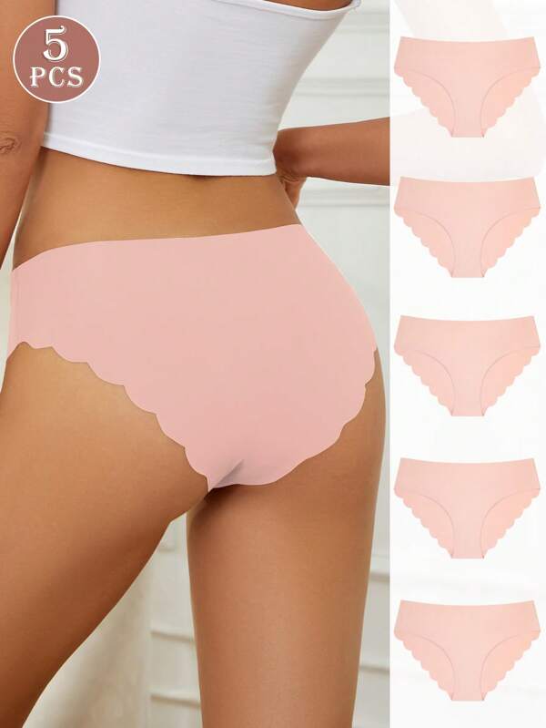 5 Pcs Sexy Scallop Trim Bikini Briefs, No Show Comfy Breathable Intimates Panties Solid Color Underpants Ladies Knickers Daily Wear, Women's Lingerie & Underwear Essentials