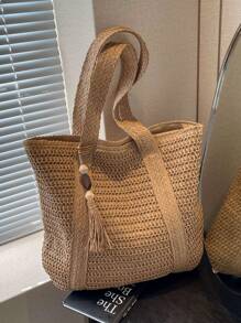 Nowa modna damska torba typu tote, jednolity kolor, prosta słoma tkana, duża pojemność, trwała, lekka, w stylu boho, odpowiednia na plażę, w podróż, uniwersalna i elegancka