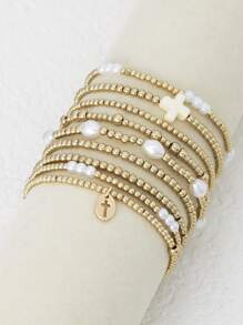 9 Stücke Mode CCB goldfarbene Perlenimitat Mehrschicht Elastik Armband Set mit Kreuz Anhänger, stapelbare Armbänder für Frauen, geeignet für Alltag, Urlaub, Party