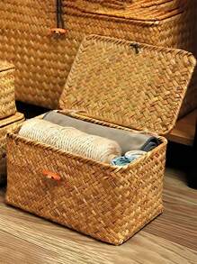1 pieza Cesta de almacenamiento rectangular y cuadrada tejida con tapa, adecuada para salas de estar, dormitorios, baños, cocinas y fiestas festivas