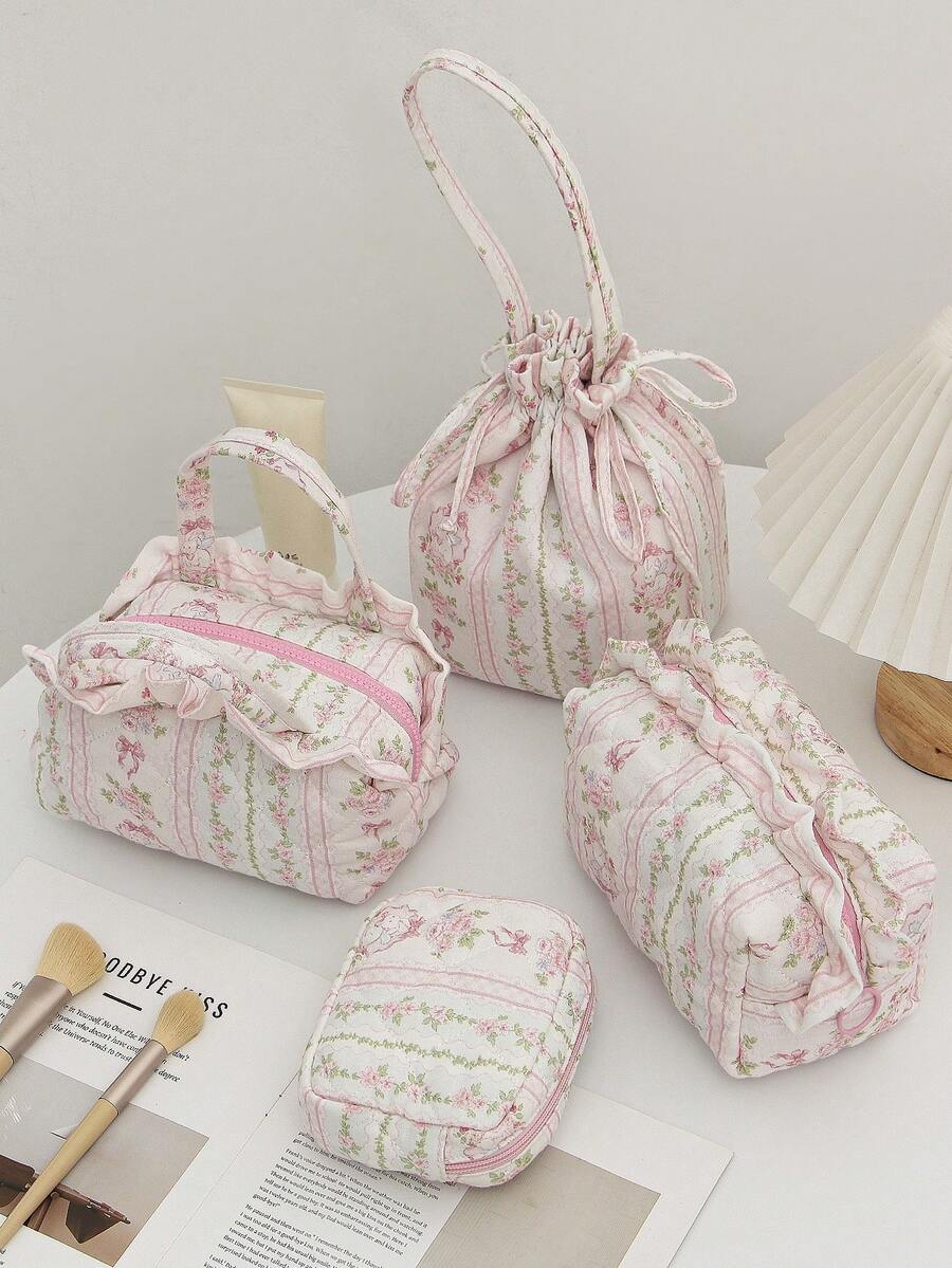 1 Piece Quilted Floral Make Up Organizer Travel Bow Knot Pattern Cosmetic Bag Set Large Capacity Cosmetic Organizer Portable Handle Cosmetic Bag Ruffle Bow Toiletry Organizer Travel Print Floral Pattern Drawstring Bucket Make Up Bag Beauty Tool Storage Cosmetic Organizer For Wedding Gift ,Bridesmaid Gift ,Valetntines Day Gifts - Multicolor - View 1