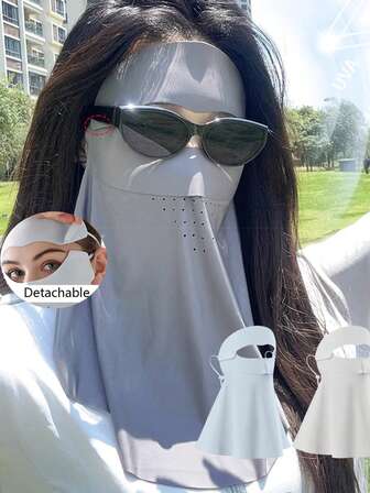 1 件女士夏季透气无缝全脸面罩遮阳罩，可拆卸颈部和前额覆盖物，带钩环扣