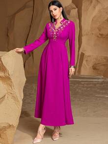 5250 AED handgenähtes Kleid im Dubai-Stil mit Perlenstickerei, Abendrobe, dezent - Rosa - Übersicht 5
