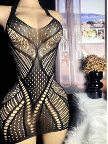 女士镂空连衣裙渔网性感内衣，适合浪漫的夜晚 - 黑色 - 查看 3