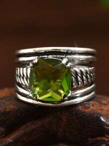 1pc Boho Style Vintage Silver Olive Green Zirconia Women's Ring, Suitable For Wedding, Engagement, Promise Or Daily Wear