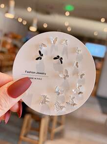 14pcs/Set Cute Faux Pearl, Glass, Rhinestone Butterfly, Pentagon, Star Shaped Earring Set, Suitable For Women, Daily Wear And Gift