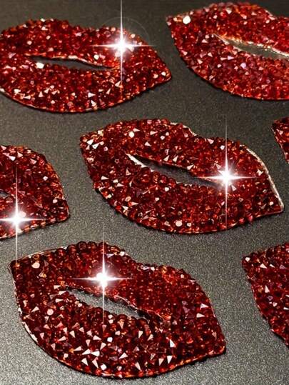 2 Pcs Red Lip Rhinestone Iron-On Patches, DIY Fashion Accessories For Clothing, Shoes And S, ABS Plastic Summer, School
